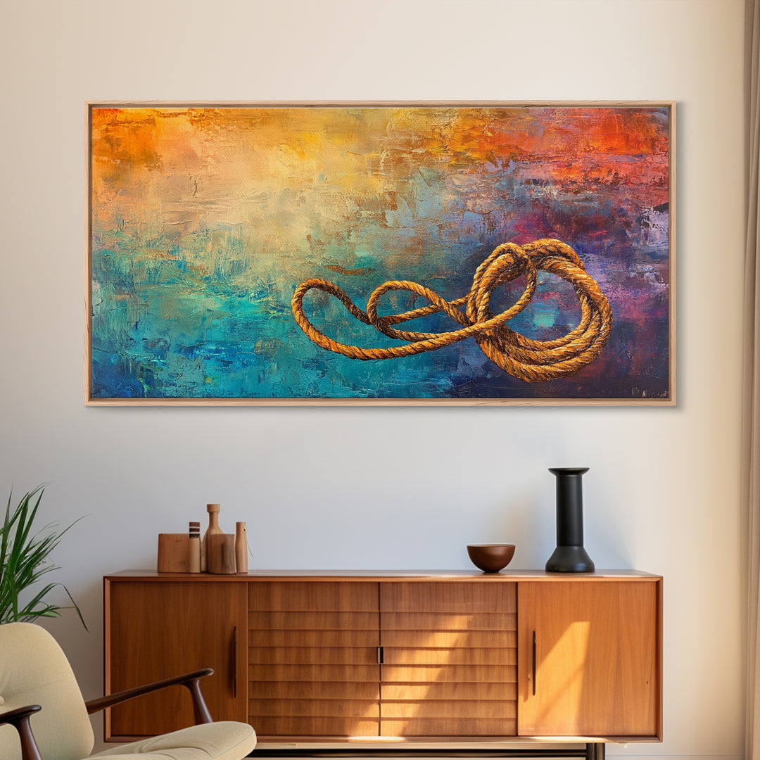 Abstract Rope, warm tones, infinity knot, rustic decor, textured art, extra wide art, Framed Canvas Print, nautical painting