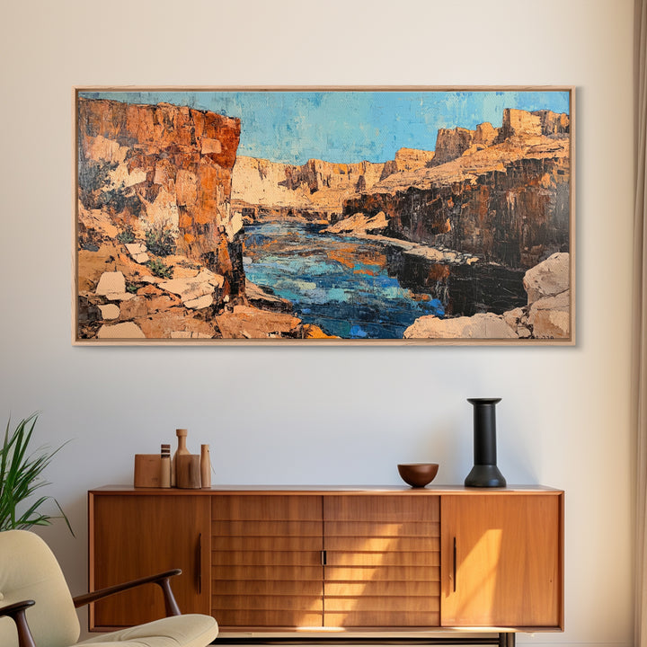 Canyon River, southwest landscape, desert cliffs, textured painting, extra wide art, panoramic art, Framed Canvas Print, rustic decor