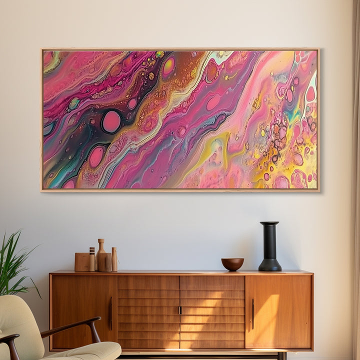 Pink Abstract, fluid art, cosmic energy, modern painting, blotter art, moody wall art, extra wide art, Framed Canvas Print, therapy art