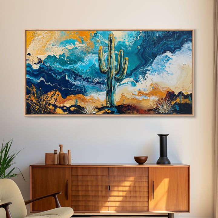 Cactus Desert Art, southwest wall art, Joshua tree art, moody art, rustic decor, extra wide art, panoramic art, Framed Canvas Print