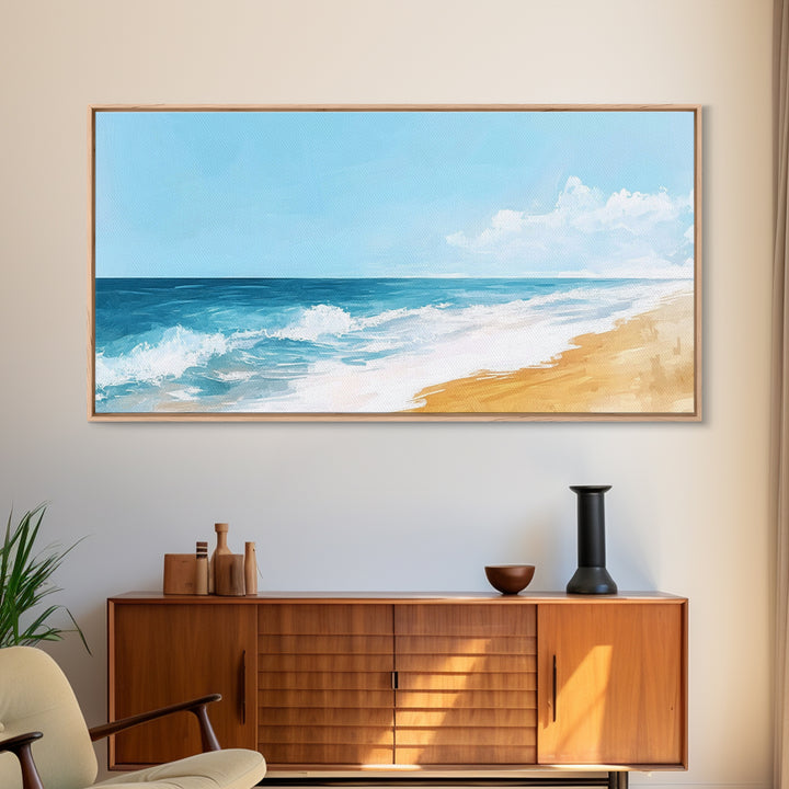 Ocean Beach Painting, seascape painting, coastal wall art, nautical decor, beach house art, panoramic painting, Canvas Print