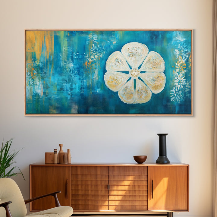 Abstract Floral, Botanical Prints, Coastal Landscape Art, Wabi Sabi Art, Framed Canvas Print, Extra Wide Art, Blue and Gold Wall Art