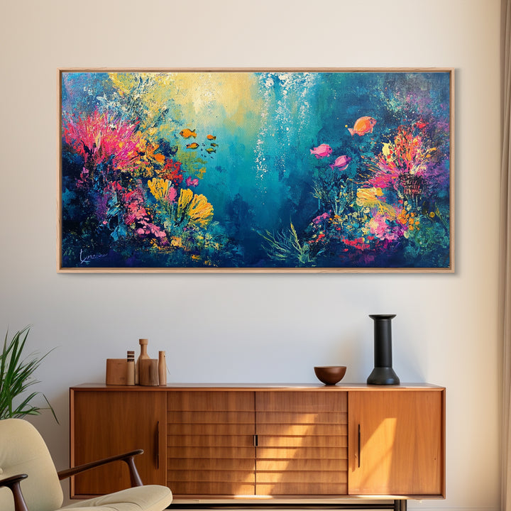 Coral Reef Painting, Coastal Decor, Ocean Wall Art, Nautical Painting, Framed Canvas Print, Underwater Artwork, Marine Life Art