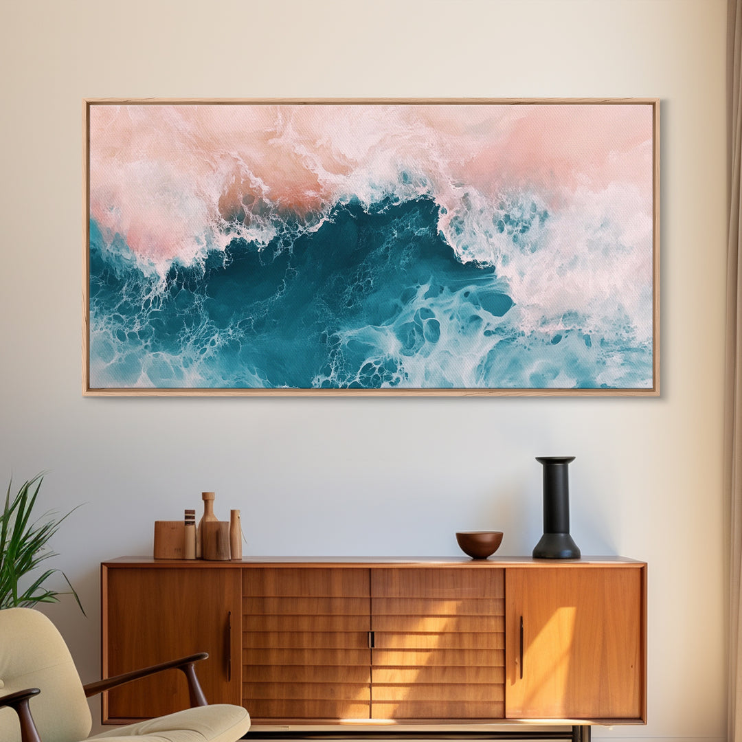 Abstract Ocean, Coastal Landscape Art, Nautical Wall Art, Framed Canvas Print, Teal and Pink Art, Surf Inspired Artwork