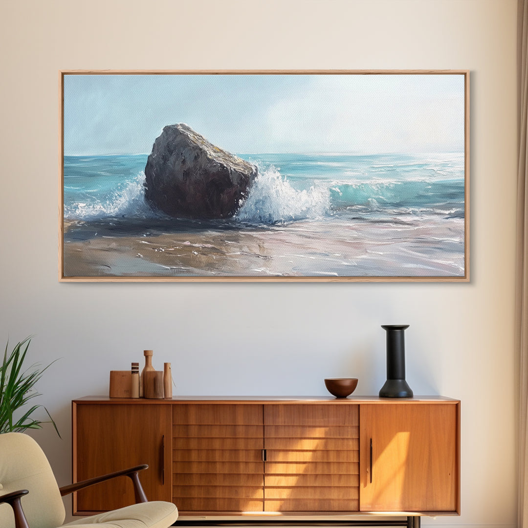 Ocean Rock Painting, seascape painting, coastal decor, nautical wall art, above bed wall art, horizontal art, canvas print