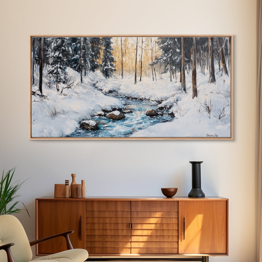 Birch Tree Painting, Snowy River Art, Winter Landscape, Framed Canvas Print, Farmhouse Art, Wabi Sabi Art, Tall Narrow Art