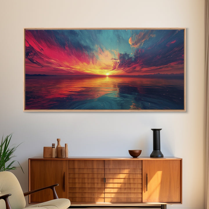 Cosmic Sunset, Dark Romance, Lofi Art, Moody Wall Art, Extra Wide Art, Above Couch Art, Framed Canvas Print, Bedroom Decor