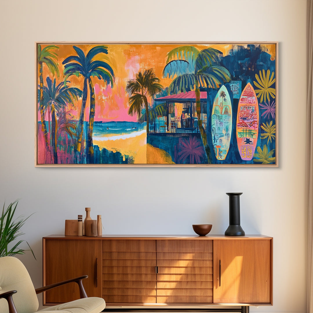 Beach Bar, palm tree painting, surf wall art, coastal decor, nautical wall art, tropical art, above couch art, Canvas Print