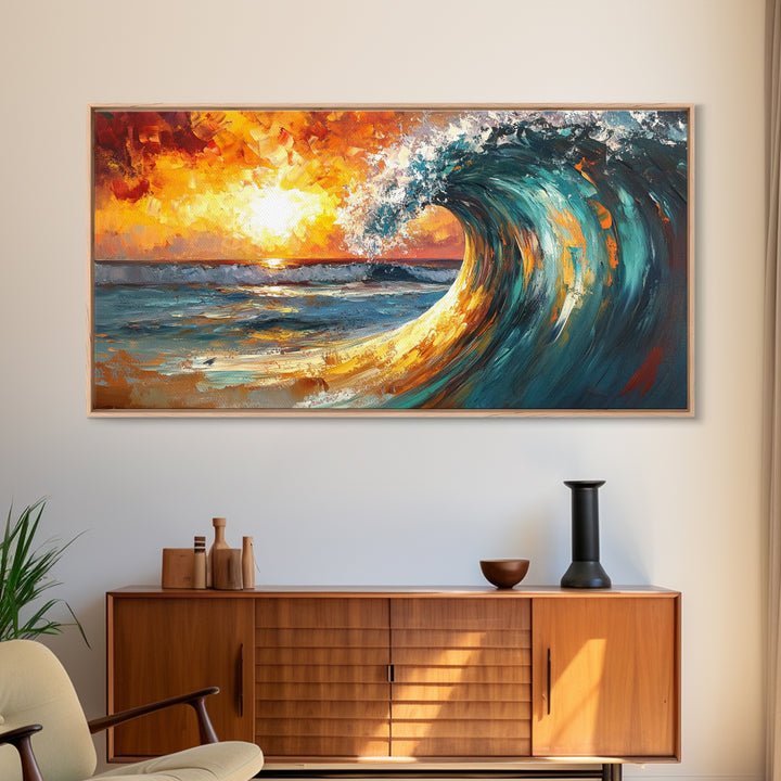Ocean wave, sunset surf, seascape painting, framed canvas print, surf wall art, nautical painting, coastal decor
