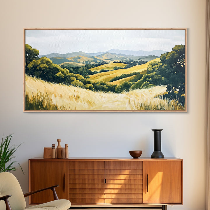 Rolling hills, countryside landscape, panoramic art, framed canvas print, rustic wall art, farmhouse art, sage green wall art