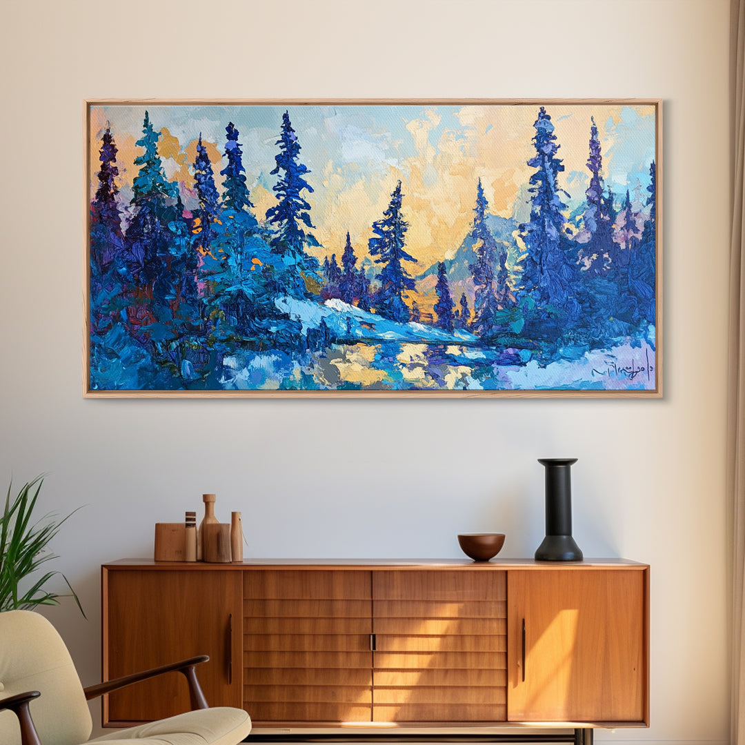 Pine trees, winter landscape, moody forest, framed canvas print, pine tree art, smoky mountain art, rustic wall art