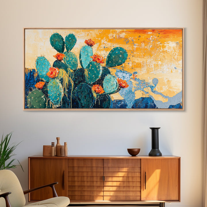Cactus Painting, agave painting, southwest wall art, rustic decor, framed canvas print, desert painting, extra wide art, boho art