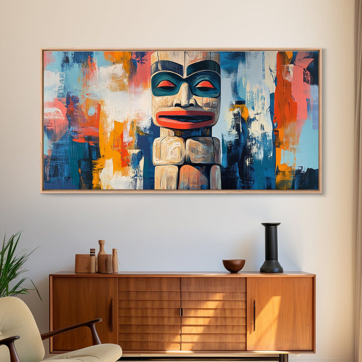 Abstract Totem Pole, chicano art, geometric wall art, African art, rustic art, moody art, gift idea him, Canvas Print