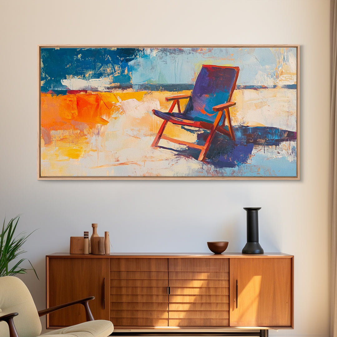 Beach Chair Art, coastal decor, surf wall art, framed canvas print, blue and green wall art, whimsical art, tropical painting