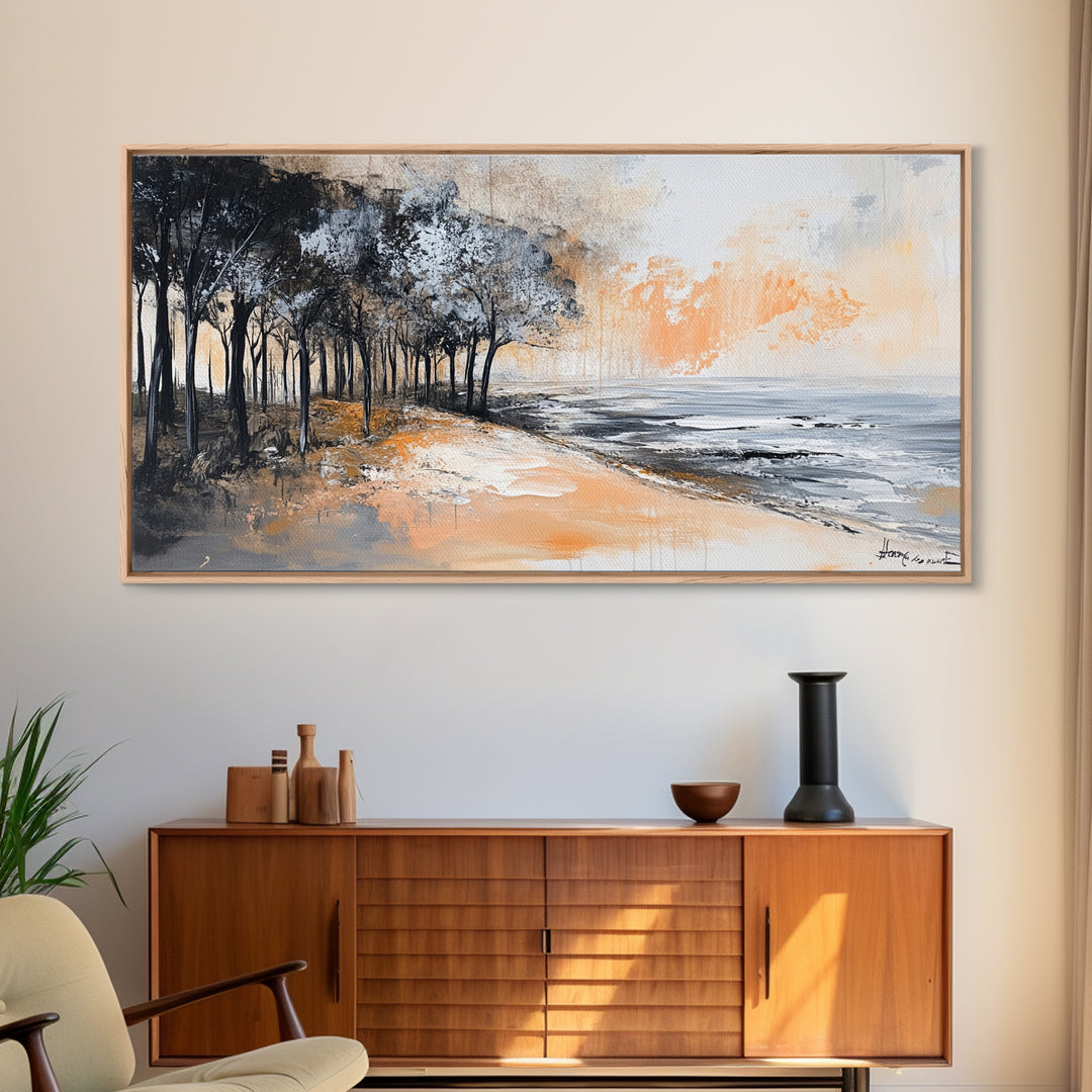 Coastal Landscape, Framed Canvas Print, beach painting, ocean wall art, panoramic painting, extra wide art, above sofa art
