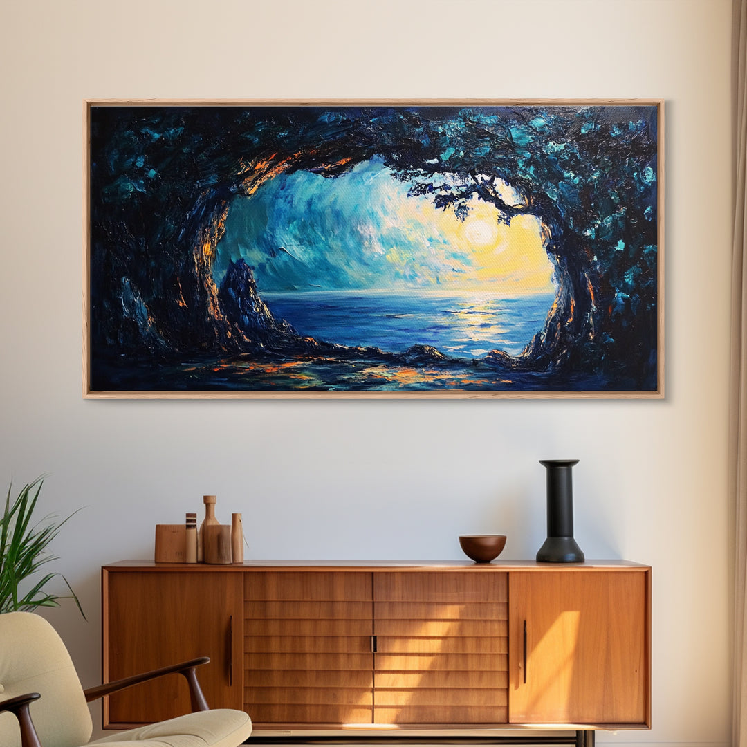 Ocean Cave, Framed Canvas Print, nautical wall art, coastal painting, extra wide painting, seascape painting, panoramic wall art