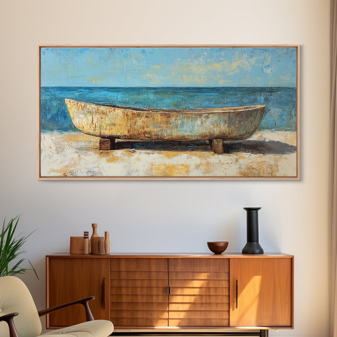 Rustic Boat, Framed Canvas Print, coastal wall art, nautical decor, rustic art, extra wide painting, panoramic painting