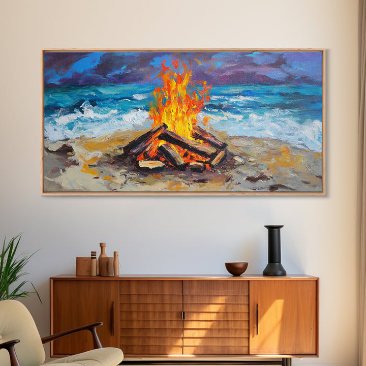 Beach bonfire, coastal decor, surf wall art, nautical painting, ocean fire, rustic wall art, horizontal wall art, canvas print, seascape