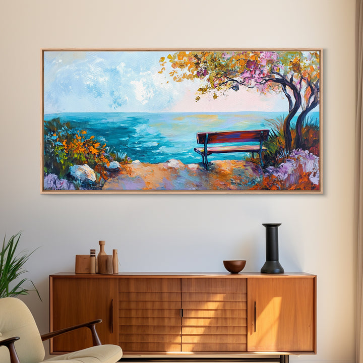 Bench, ocean view, autumn tree, Canvas Print, coastal landscape art, seascape painting, above bed wall art, extra wide art