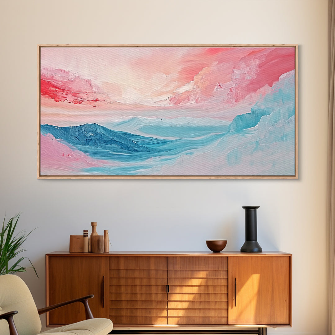 Abstract, pink blue, dreamy sky, Canvas Print, pink abstract art, landscape painting, soft color art, horizontal wall art