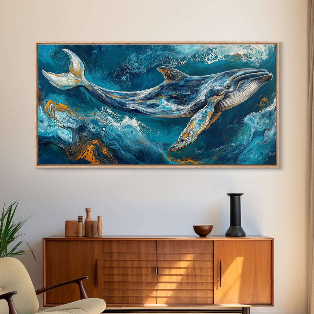 Blue whale, ocean waves, Canvas Print, whale painting, nautical decor, coastal wall art, seascape painting, extra wide art