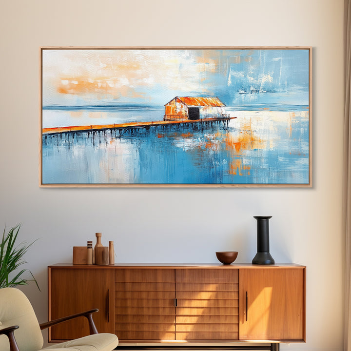 Dock, rustic barn, reflection, Canvas Print, barn landscape oil painting, coastal decor, nautical painting, panoramic art