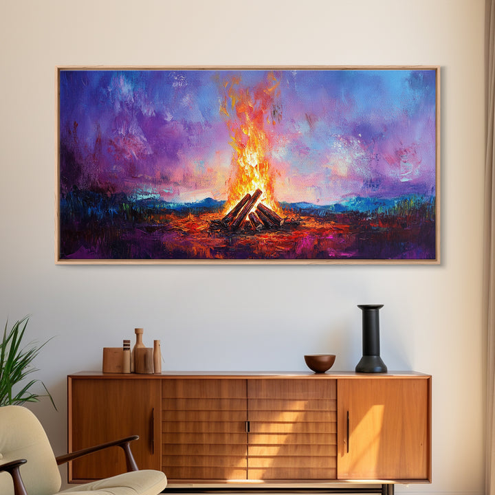 Campfire painting, rustic decor, boho art, mountain painting, cozy fire, scenic landscape, extra wide art, framed canvas print, warm glow