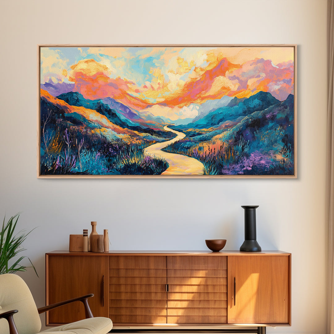 Abstract Landscape, Vibrant Sunset, Mountain Painting, Canvas Print, Extra Wide Art, Panoramic Art, Bedroom Art, Above Sofa Art