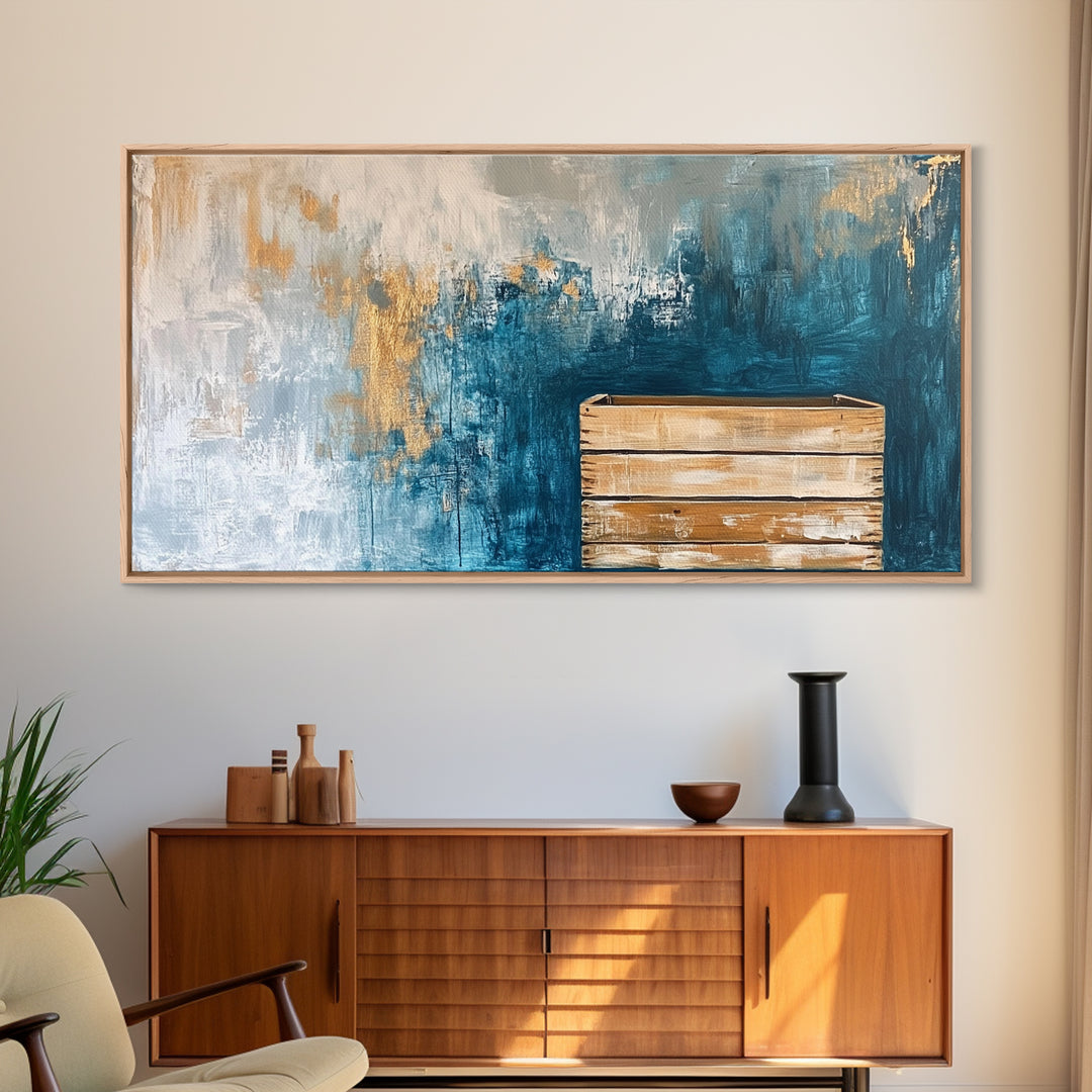 Abstract Rustic Art, Blue Gold Textured, Canvas Print, Wabi Sabi Art, Minimalist Art, Therapy Art, Extra Wide Art, Modern Decor