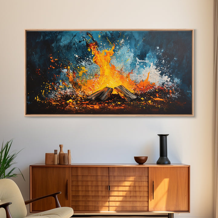 Abstract fire, moody art, geometric wall art, boho decor, flame painting, rustic wall art, extra wide art, framed canvas print, teal wall art