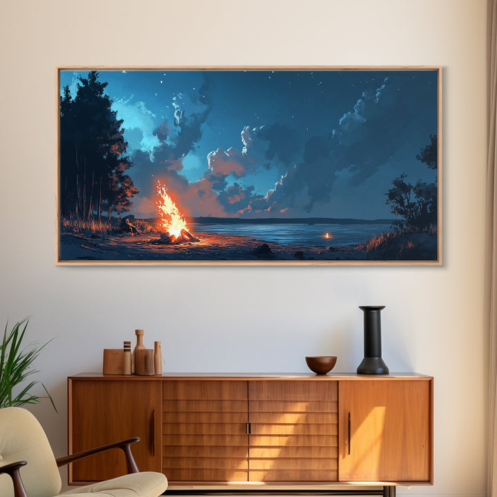Campfire by lake, coastal decor, nautical wall art, scenic night, moody painting, extra wide art, panoramic art, canvas print, above sofa art