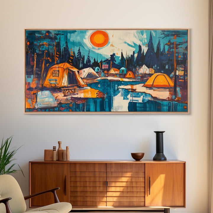 Camping painting, rustic wall art, pine tree art, mountain painting, nature lovers, warm glow, framed canvas print, wabi sabi art, moody art
