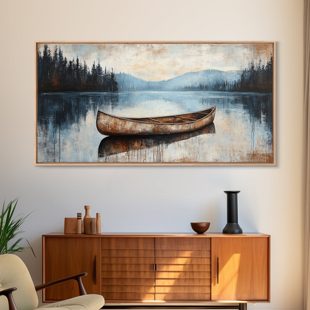 Canoe painting, lake decor, mountain painting, rustic wall art, serene landscape, farmhouse art, extra wide art, framed canvas print, nautical