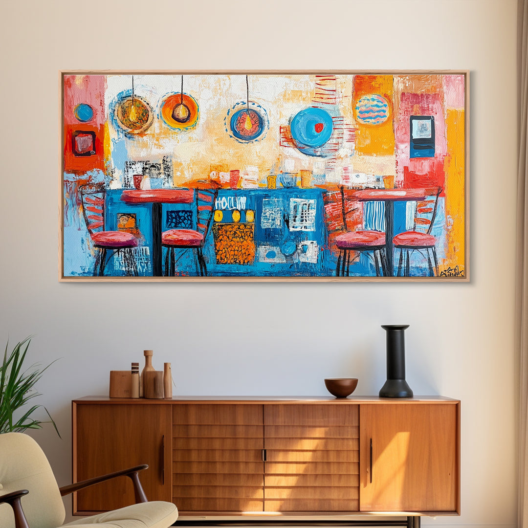 Cafe painting, espresso martini wall art, coffee wall art, food review kitchen art, warm cozy vibes, rustic decor, framed canvas print, boho art