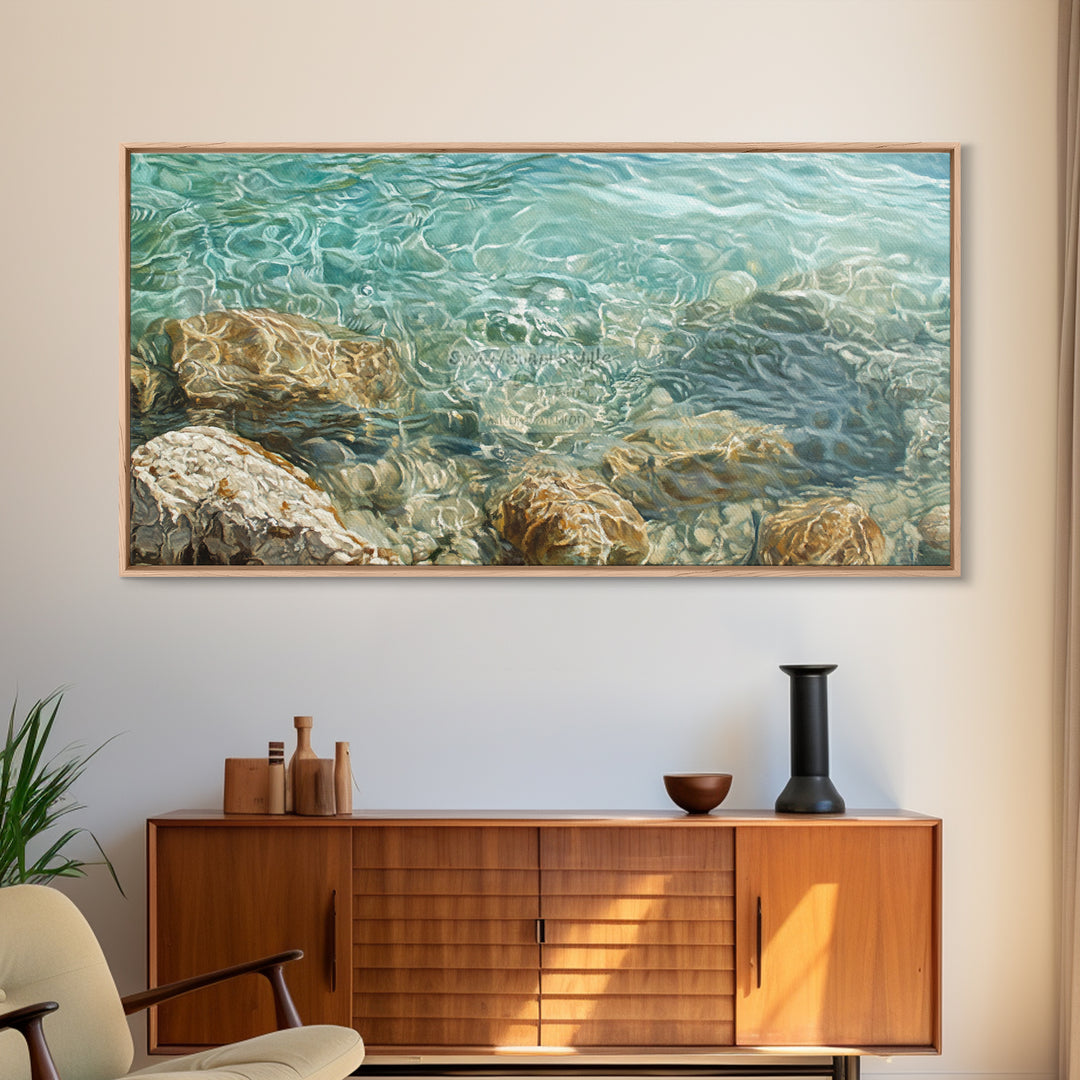 Crystal Clear Water, coastal painting, nautical wall art, beach house decor, ocean inspired art, Framed Canvas Print, blue and green wall art