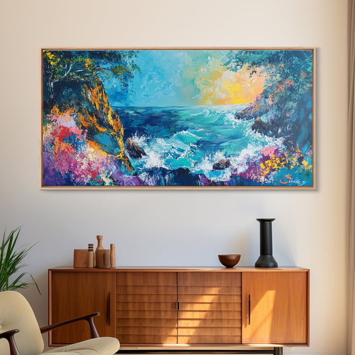 Coastal Cliff, vibrant ocean painting, surf wall art, Hawaii art, seascape painting, colorful beach art, Framed Canvas Print, extra wide art