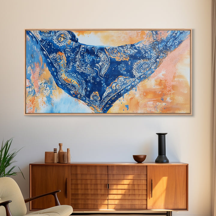 Bandana Print, Blue Wall Art, Vintage Art, Southwestern Art, Chinoiserie Wall Art, Extra Wide Art, Framed Canvas Print, Above Couch Art