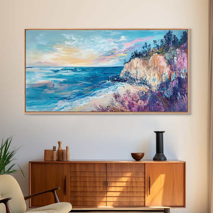 Coastal Cliffs, Sunset Ocean View, Seascape Wall Art, Coastal Landscape Art, Nautical Decor, Framed Canvas Print, Extra Wide Art