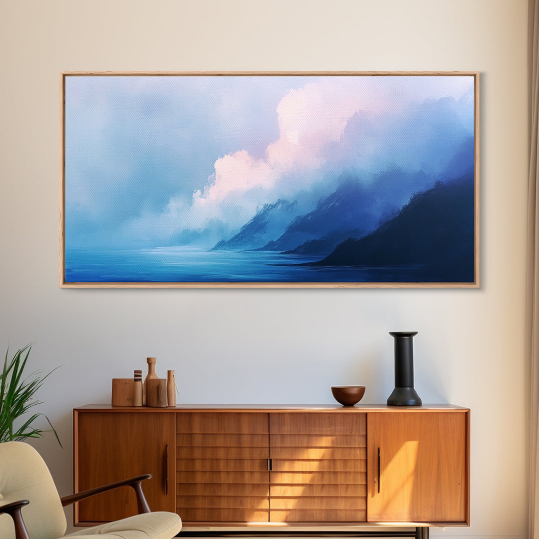 Blue Mountain Mist, Moody Landscape, Coastal Landscape Art, Minimalist Art, Extra Wide Art, Framed Canvas Print, Living Room Art