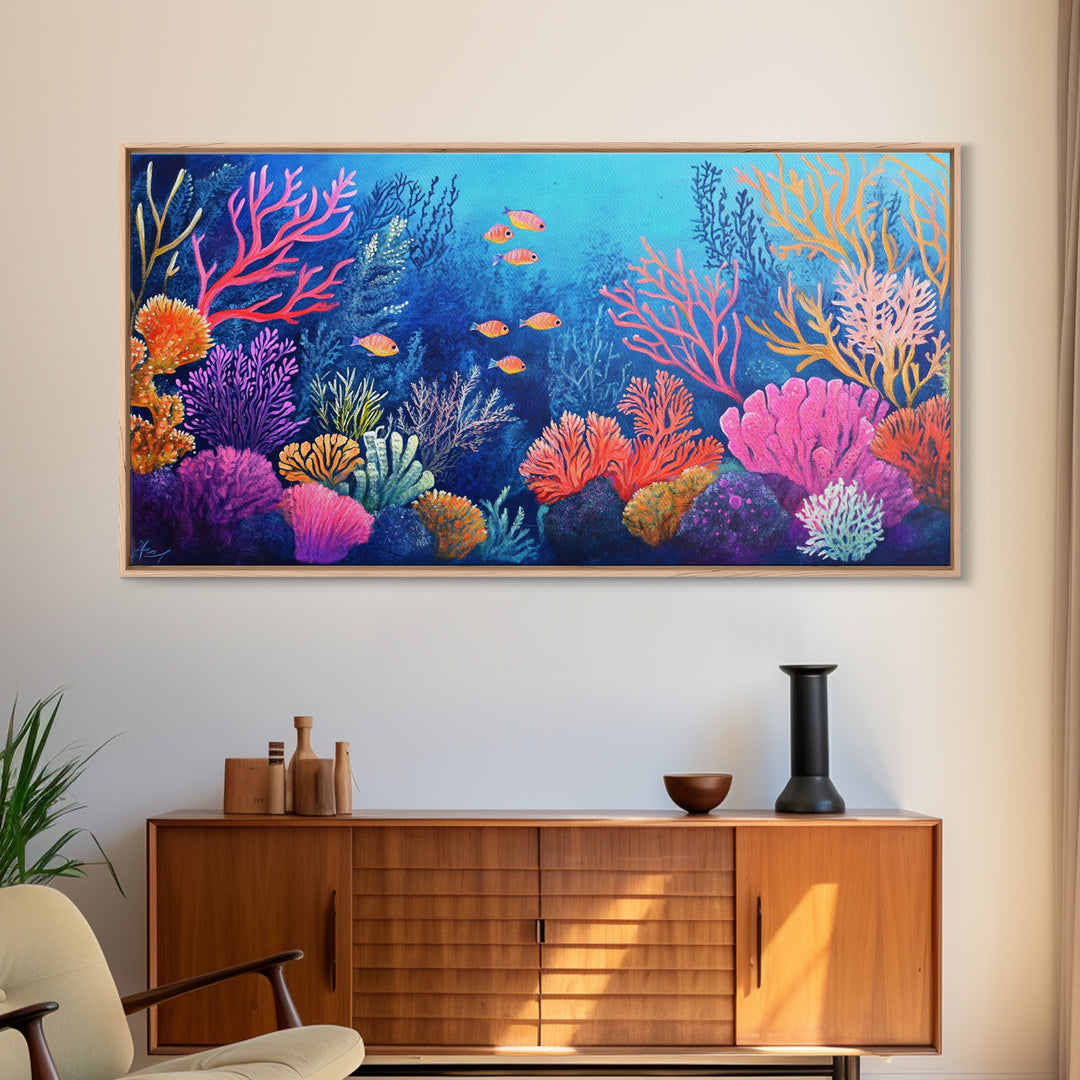 Coral Reef, ocean painting, whimsical art, koi fish painting, marine life art, vibrant wall art, coastal decor, Framed Canvas Print