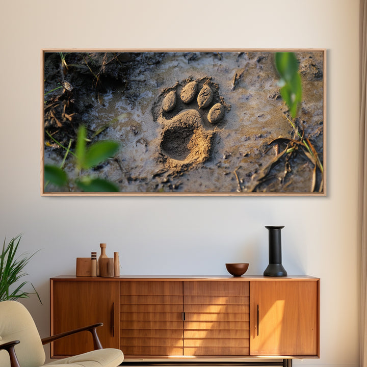 Animal Paw Print, rustic decor, moody art, nature painting, wildlife art, earthy tones, textured wall art, Framed Canvas Print