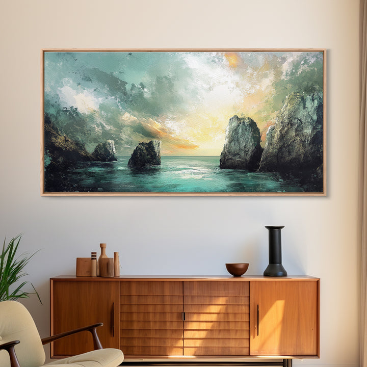 Ocean Cliffs, landscape painting, nautical wall art, moody art, wabi sabi art, extra wide art, textured art, Framed Canvas Print