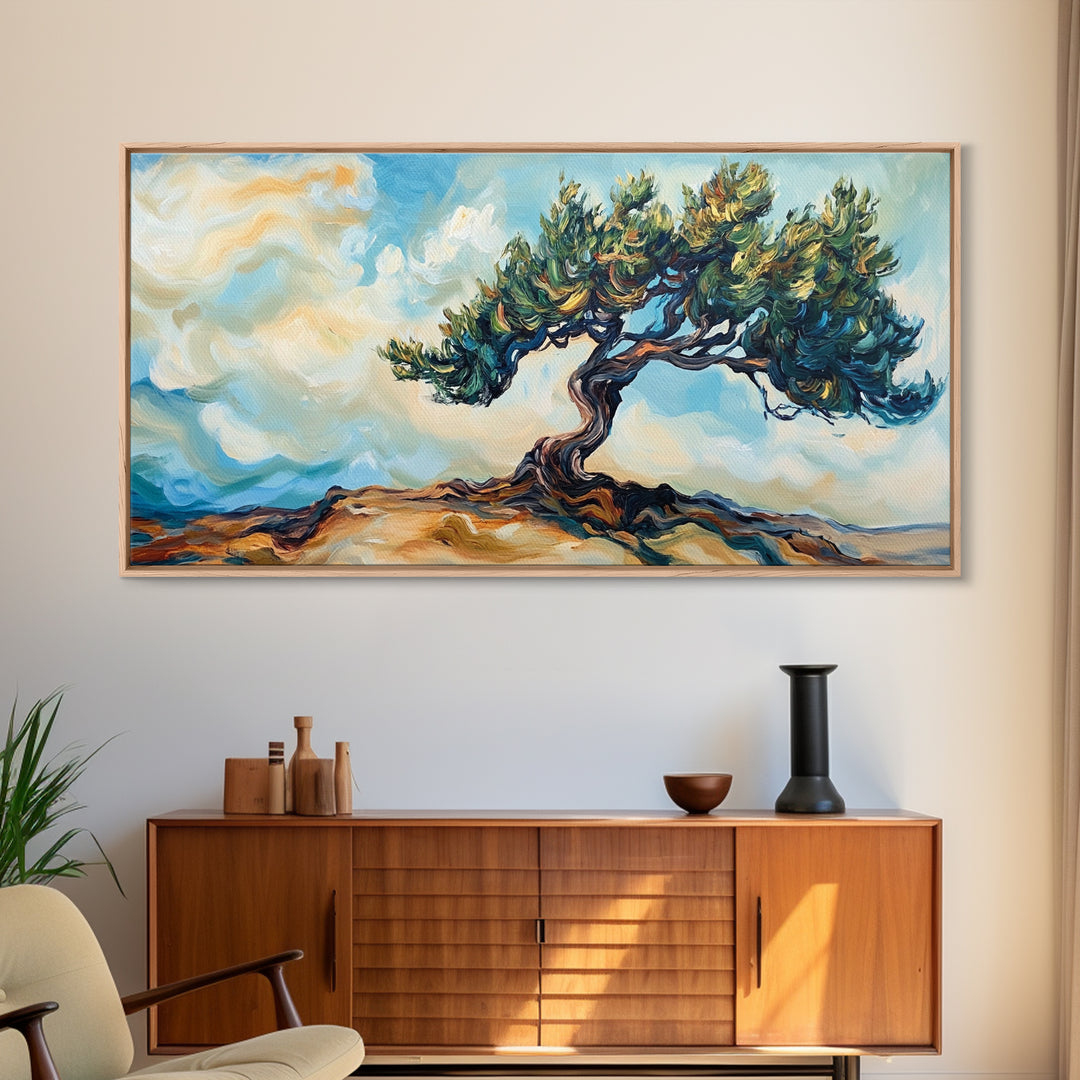 Oak Tree Art, Landscape Painting, Windy Tree Art, Wabi Sabi Art, Rustic Wall Art, Nature Wall Art, Living Room Art, Framed Canvas Print