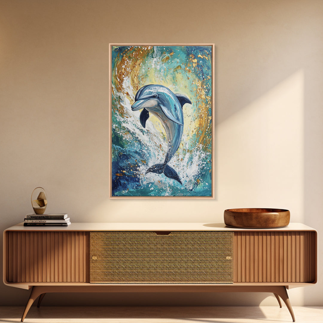 Dolphin, ocean painting, coastal wall art, nautical painting, framed canvas print, blue and green wall art, sea life decor