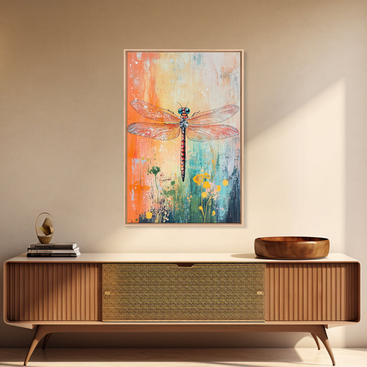 Dragonfly, botanical prints, whimsical art, light pink wall art, framed canvas print, nature art, boho decor, insect artwork