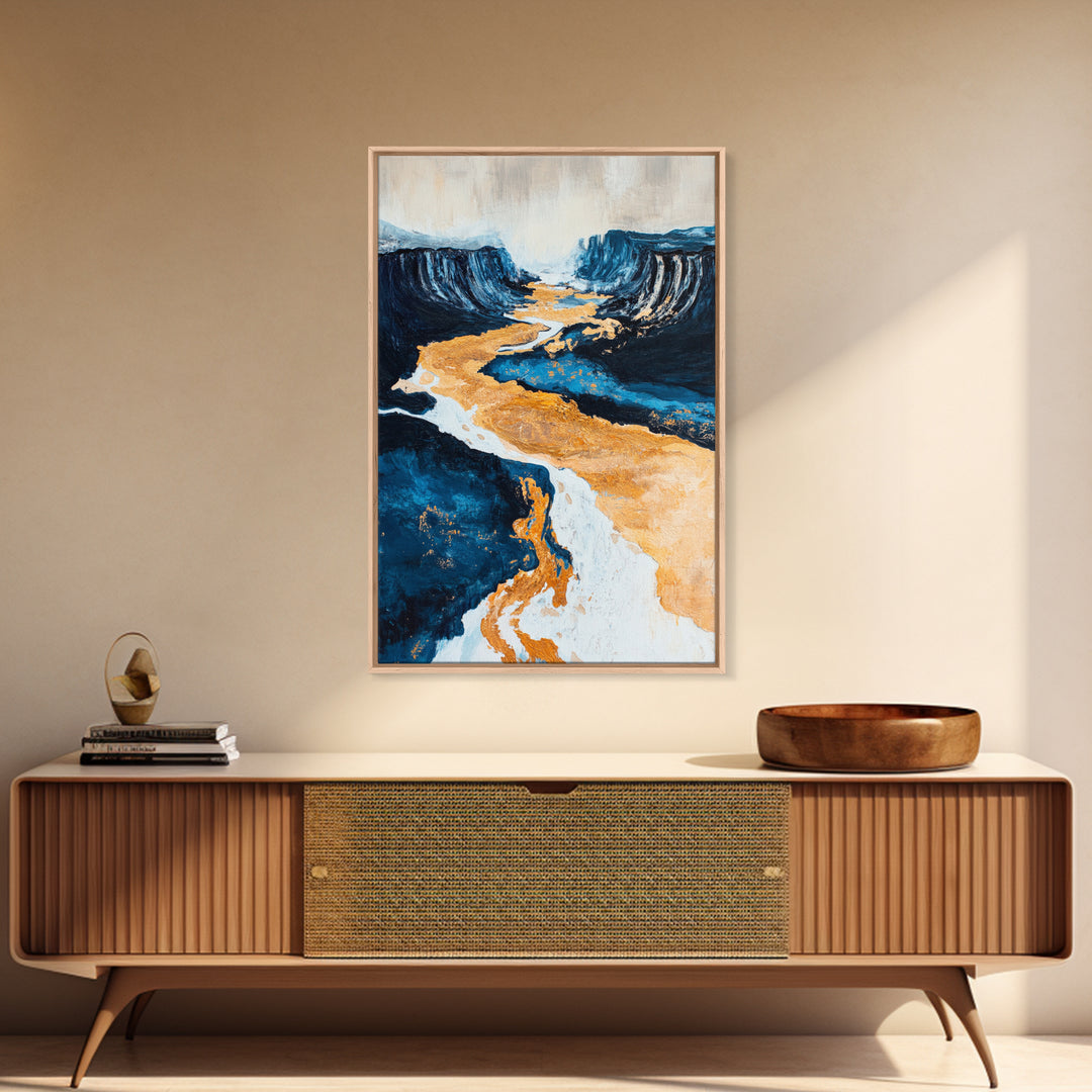River, landscape painting, panoramic painting, wabi sabi art, framed canvas print, extra wide art, moody art, gold abstract art