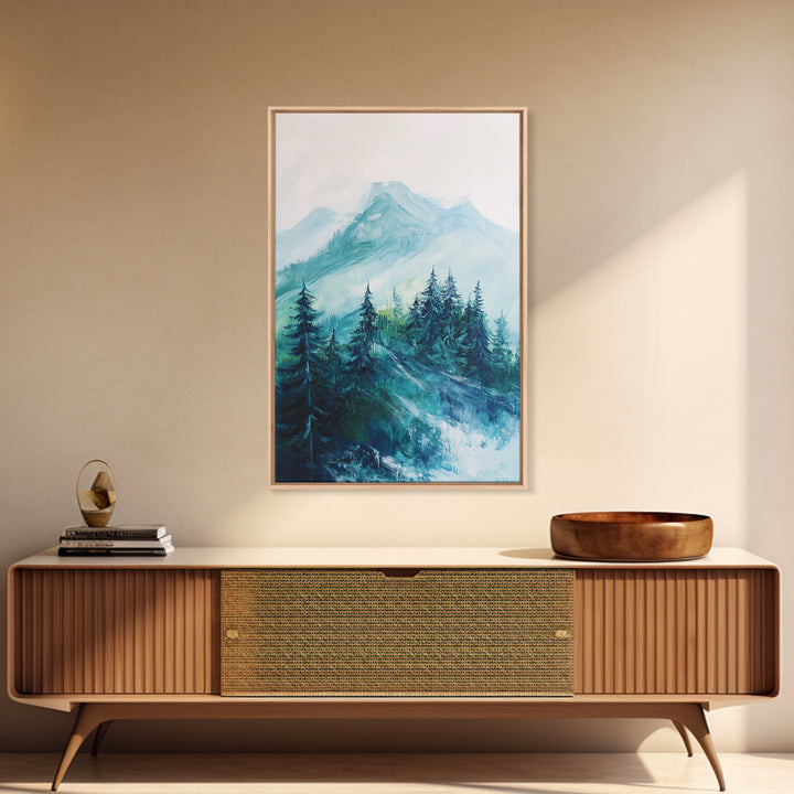 Mountain Painting, Forest Landscape Art, Nature Scene, Blue and Green Wall Art, Tranquil Scenery, Rustic Decor, Canvas Print