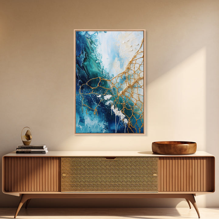 Abstract Ocean Painting, Coastal Wall Art, Blue and Gold Art, Nautical Decor, Contemporary Seascape, Canvas Print