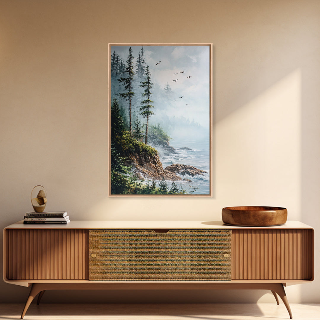 Coastal Cliff, ocean waves, pine tree art, landscape painting, coastal wall art, rustic decor, framed canvas print, nautical art
