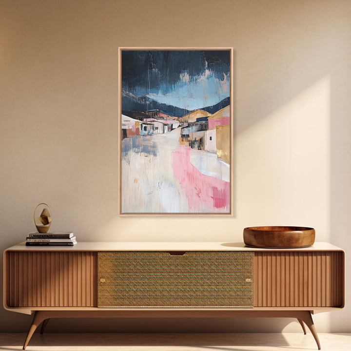 Desert Village, southwest wall art, moody art, warm tones, rustic decor, Joshua tree art, framed canvas print, abstract landscape